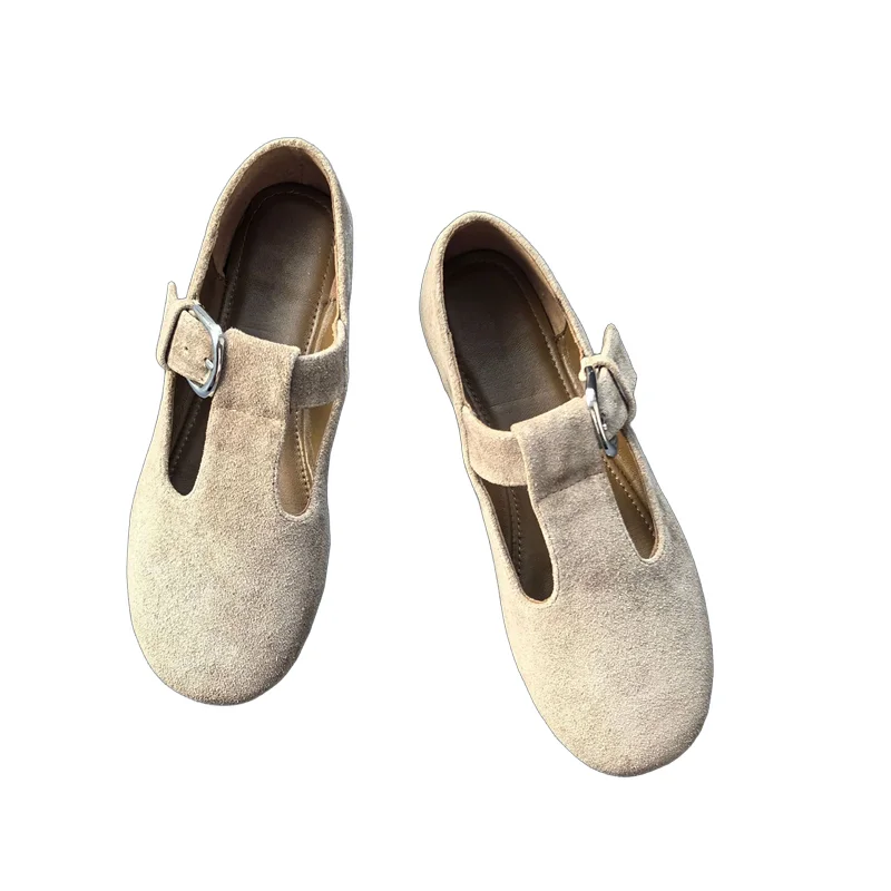 

Withered Retro Casual Genuine Leather Flat Mary Jane Shoes Minimalist Cow Suede Comfortable Round Toe Soft Buckle Loafers Shoes