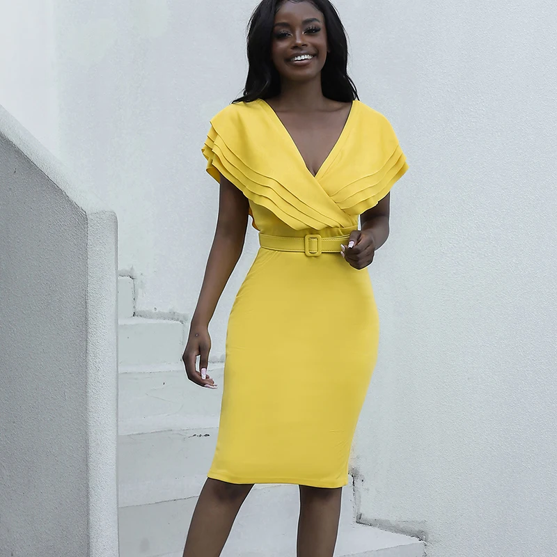 Elegant Fashion High Waist Casual Bodycon Dresses Women Bandage Bazin Vintage V-neck Chic Yellow Midi Dress 2024 NEW