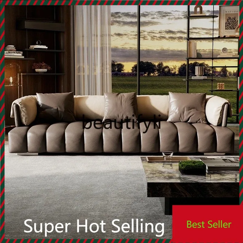 

G80 Italian minimalist piano keys leather sofa straight row elephant ears armrest color matching creative combination sofa