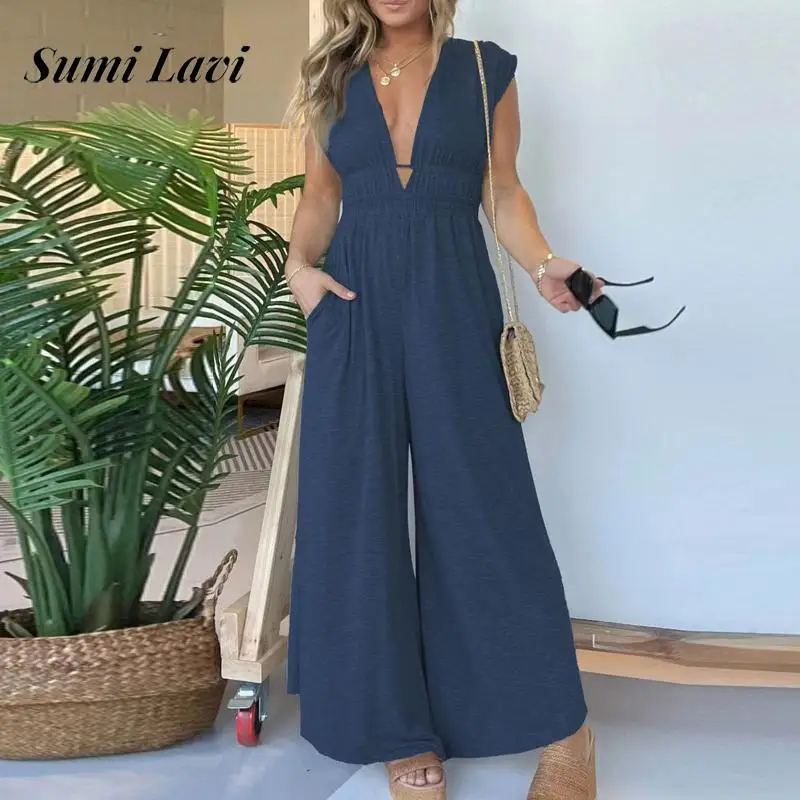 

Elegant V-neck Sleeveless Long Jumpsuit Women Casual Pocket Draped Solid Romper Fashion Elastic Waist Wide Leg Loose Playsuits