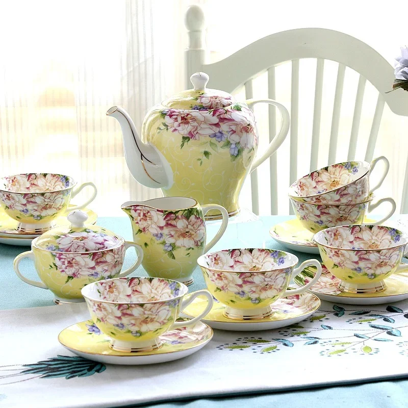 Pink Blue Flower Bone china Coffee Cup Set Porcelain Tea Cup Set Ceramic Pot Mug Sugar Bowl Creamer Teapot Milk Jug Teaset