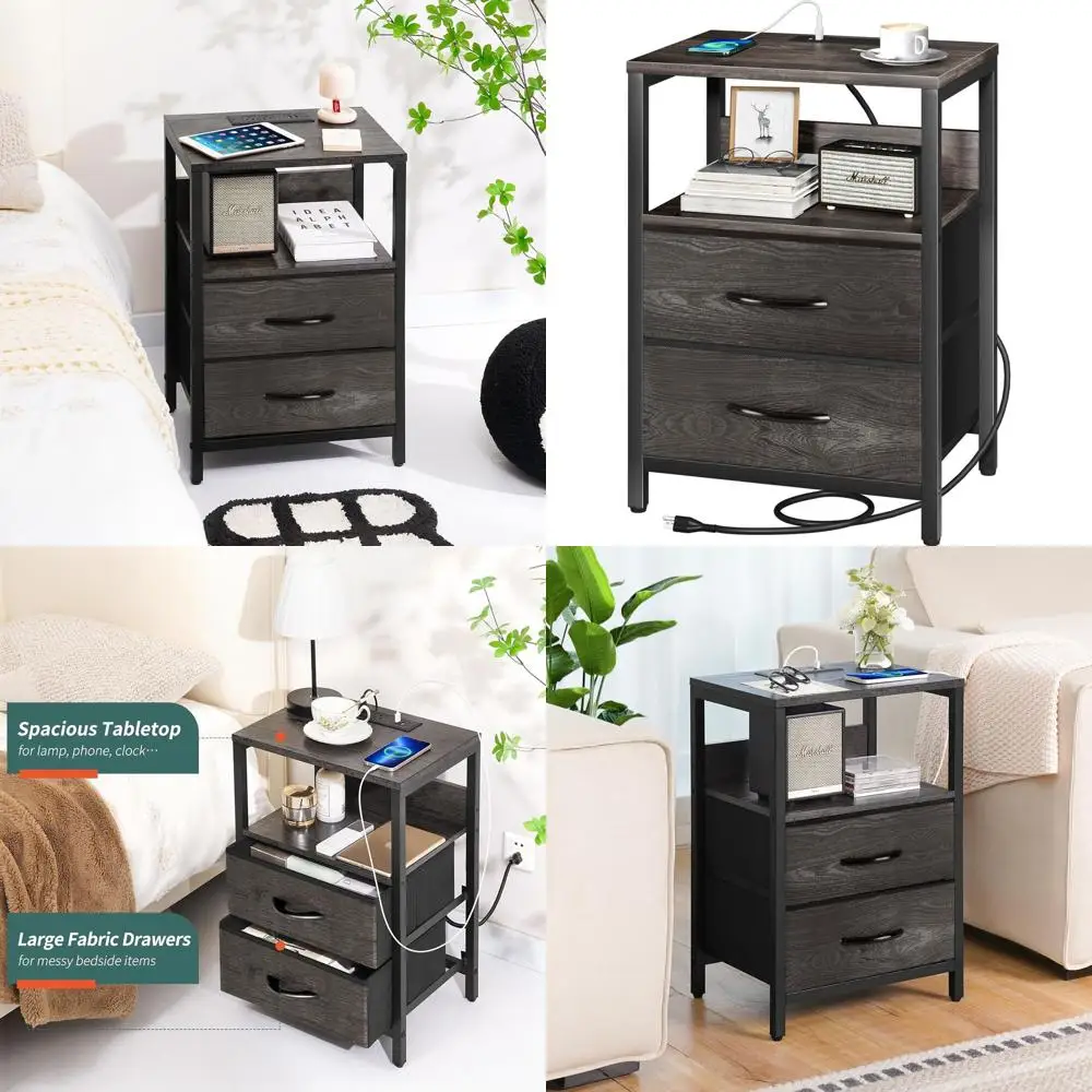 

Compact Charging Nightstand with Fabric Drawers and Storage Shelf for Bedrooms, USB & Outlet Bedside Table for Small Spaces