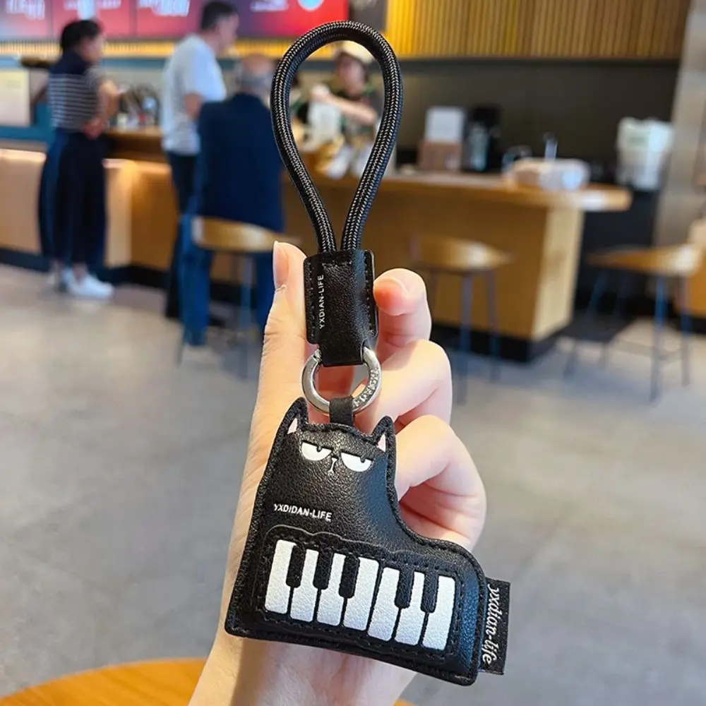 PU Leather Leather Keychain Black Cat Piano Shape Musical Instrument Keychain Guitar Shape With Lanyard Guitar Keyring - view 2