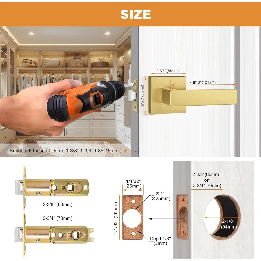 มือจับประตูแบบสี่เหลี่ยมจัตุรัสสีทองขัดเงา 10 ชิ้น สำหรับประตูทางเดิน ตู้เสื้อผ้า ประตูภายใน  แบบไม่ใช้กุญแจ  พร้อมกุญแจแบบมีร่อง  งานหนัก