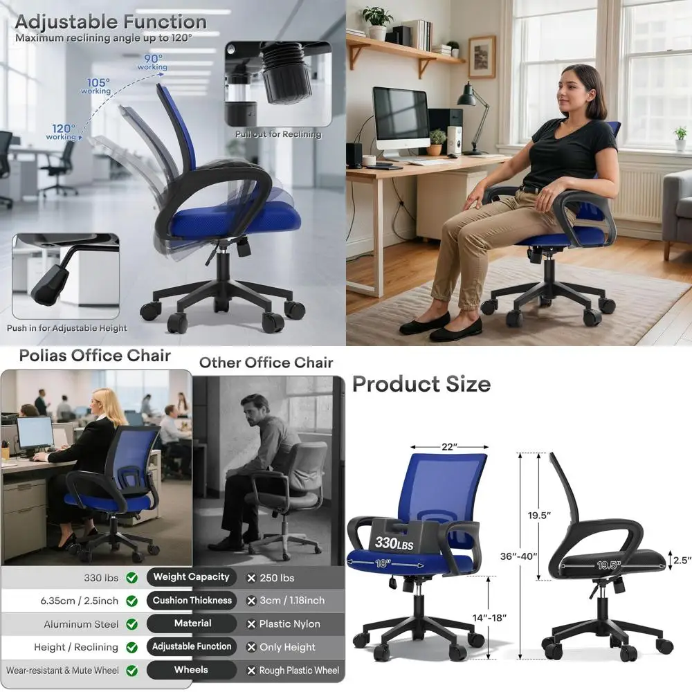 

Эргономичное сетчатое кресло для дома, офиса и игр: нагрузка до 150 кг, поддержка поясницы, регулируемое вращение