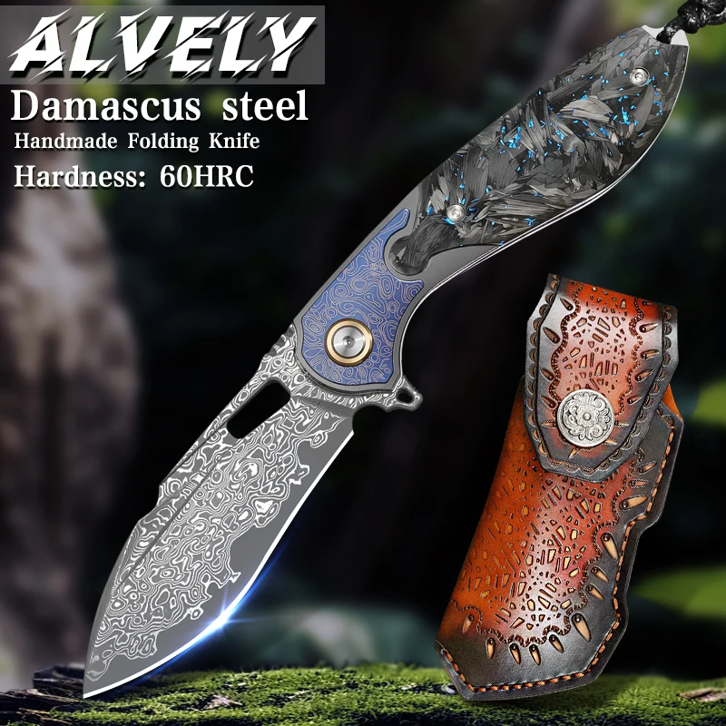 High-quality Damascus steel pocket knife, unisex folding knife with a leather sheath, ideal for outdoor activities, camping, and hiking—a versatile EDC folding knife that’s easy to carry.
