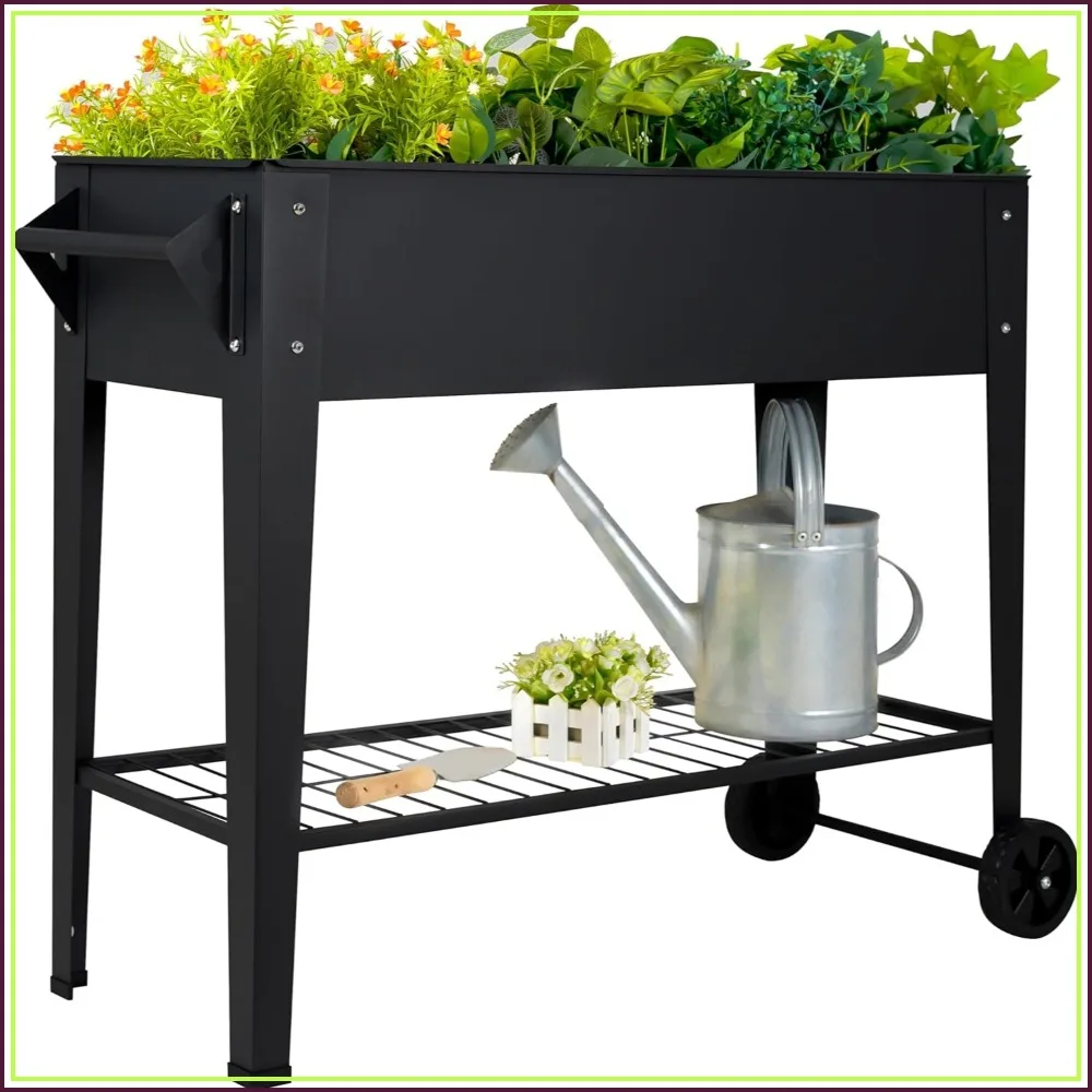 32" Elevated Raised Garden Bed with Wheels, 400 lb Capacity, Steel Planter for Vegetables, Herbs, Flowers, Drainage & Shelf