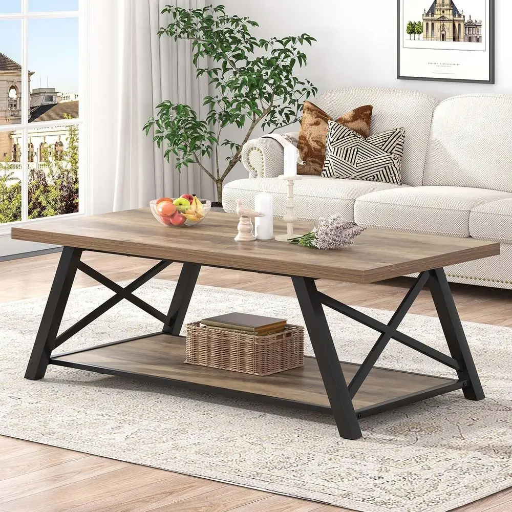 Rustic Oak Industrial-Style Rectangular Coffee Table with Storage Shelf, 47 for Living Room