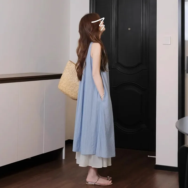 Vestidos sem mangas feminino y2k rosa outono a céu aberto oco perspectiva pura ilusão transparente sensual all-match