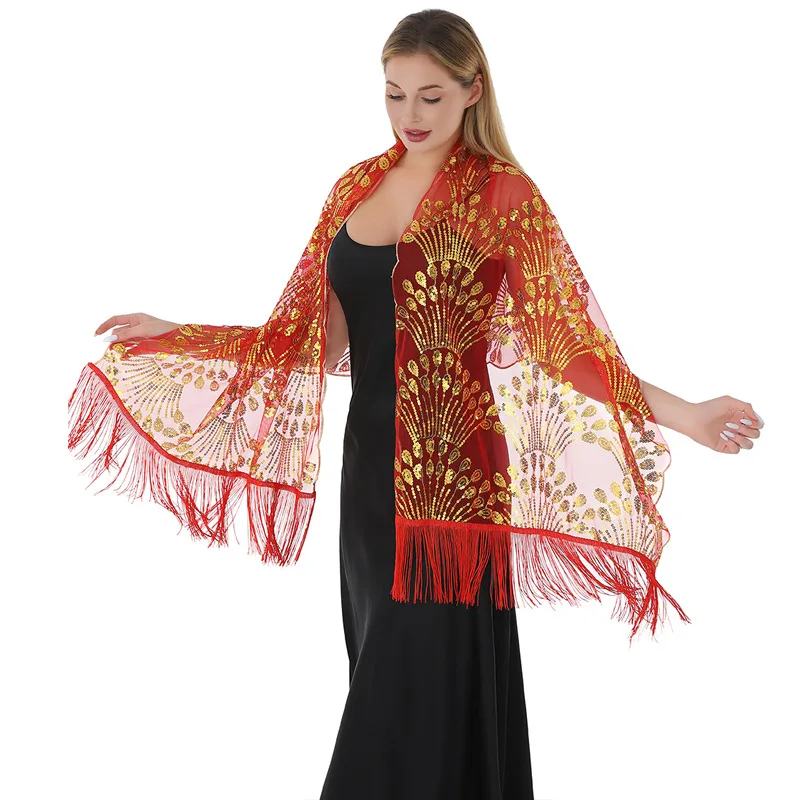 Women Western Style Sequined Embroidered Tassel Shawl Peacock Tail Mesh Wrap For Evening Party Cheongsam Formal Dress Outfit