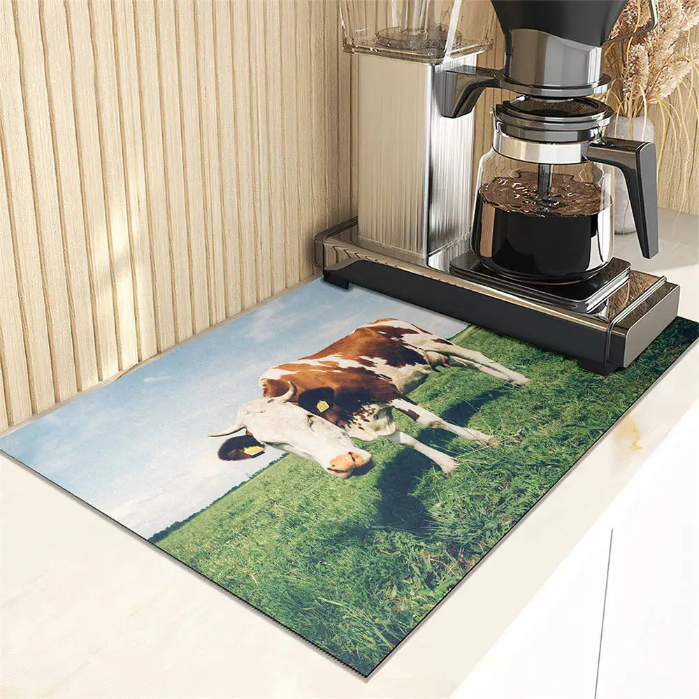 Dairy Cow Grass Pattern Dish Drying Mat Super Absorbent Kitchen Counter Drain Pads Tableware Cup Bottle Sink Waterproof Mat