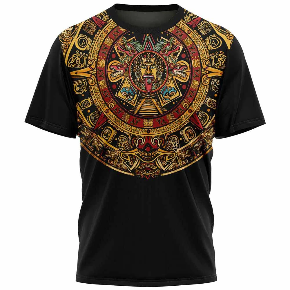 Men Aztec Calendar Totem Short Sleeve T‑Shirt Ancient Mayan Culture Graphic Crew Neck Tops