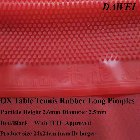 DAWEI OX 탁구 고무 긴 뿔족 입자 높이 2.6mm 직경 2.5mm ITTF 승인 빨간색/검정색 탁구 고무