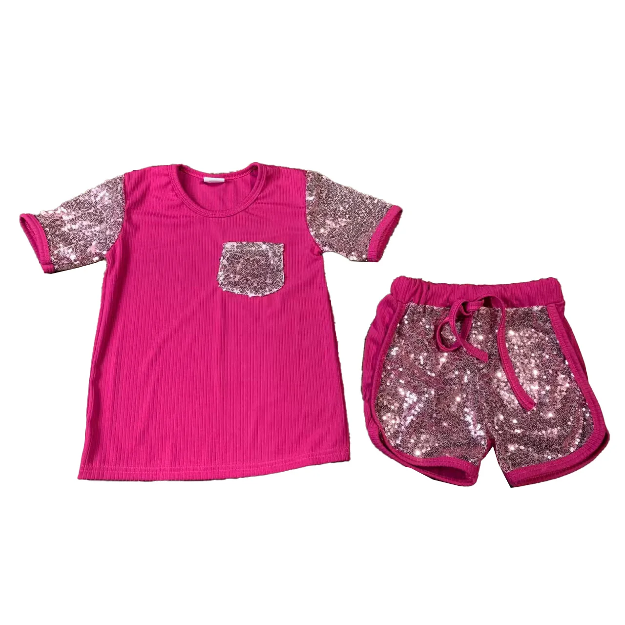 

Wholesale Girls Sequin Shirt Top Shorts 2 Piece Sets Summer Toddler Girls Clothing Sets