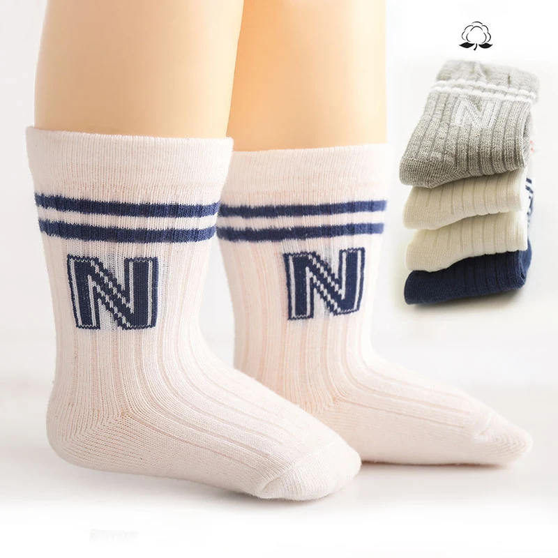 Fashion Stripe Children Knitted Socks N-Letter Baby Mid Tube Sock Solid Color Toddler Cotton Socks Soft Breathable Footwear 0-3Y - view 3