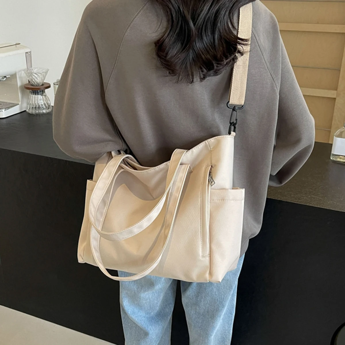 Beige white female light simple crossbody bag Oxford Butot bag large capacity popular hand bill of lading shoulder bag 1 pack