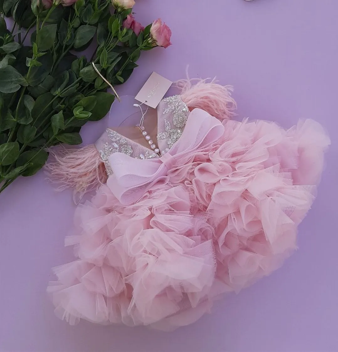 New Pink Baby Girl Birthday Dress with Big Bow Beaded Feather Sleeves Infant Lolita Baptism Gown Flower Girl Dress Big Bow