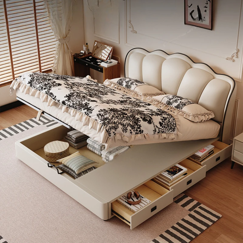 سرير مزدوج من الجلد الفرنسي، حديث وبسيط، بثلاثة أدراج، سرير للكبار، تخزين ناعم لحفلات الزفاف، أثاث غرفة نوم Cama De Casal #2