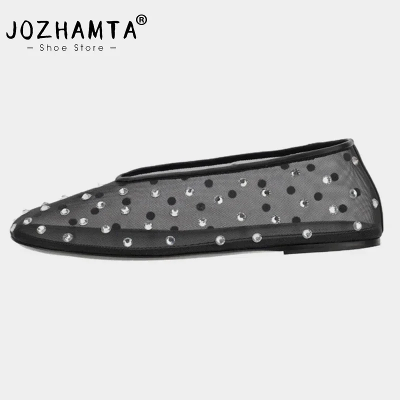 JOZHAMTA Size 35-43 Women Flats Ballets Shoes Breath Mesh Sparkly Crystal Low Heels Summer Casual Daily 2025 Ins Party Dress