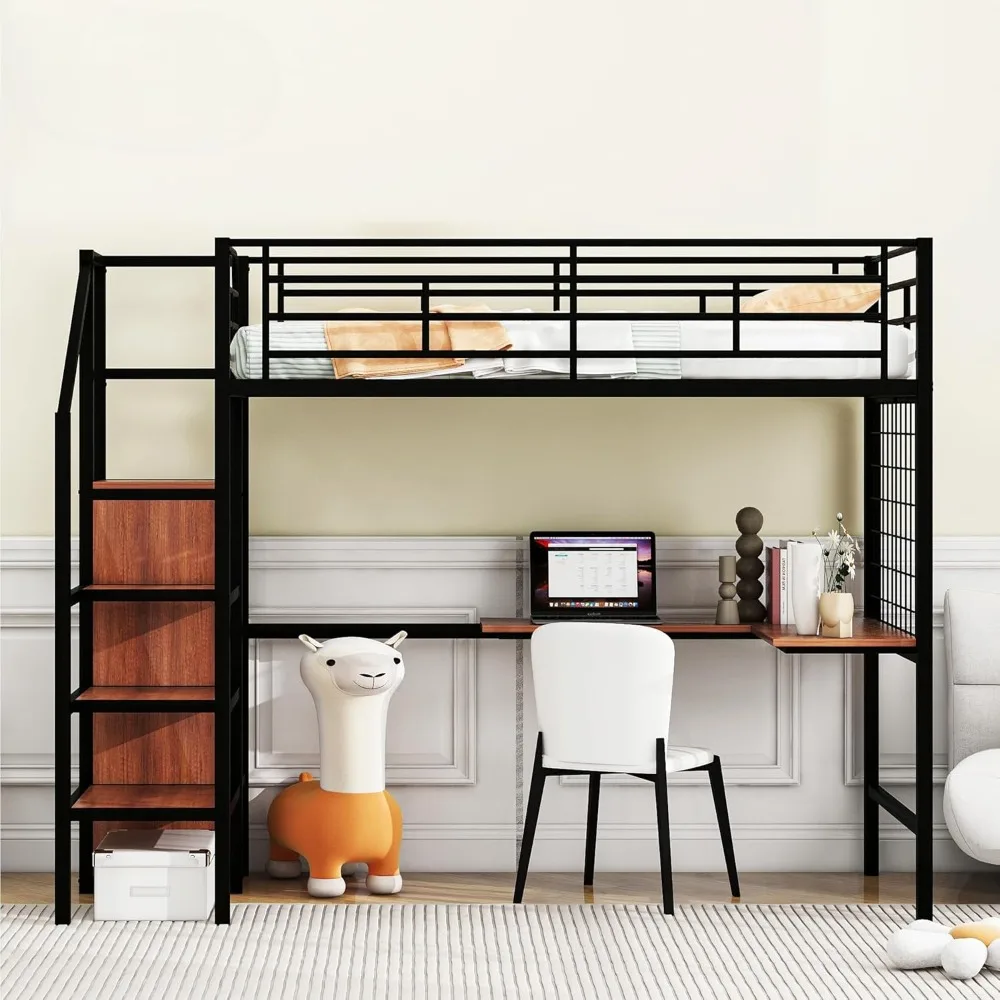 Loft Bed Twin Size with Desk and Storage Stairs, Metal Loft Bed Frame w/Wardrobe,Guardrail& Bookcase