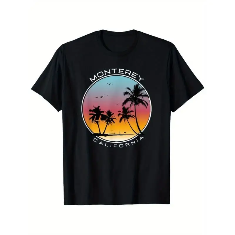 

Monterey California T-Shirt Sunset Palm Tree Graphic Tee Unisex Beach Vacation Apparel Retro Travel Souvenir