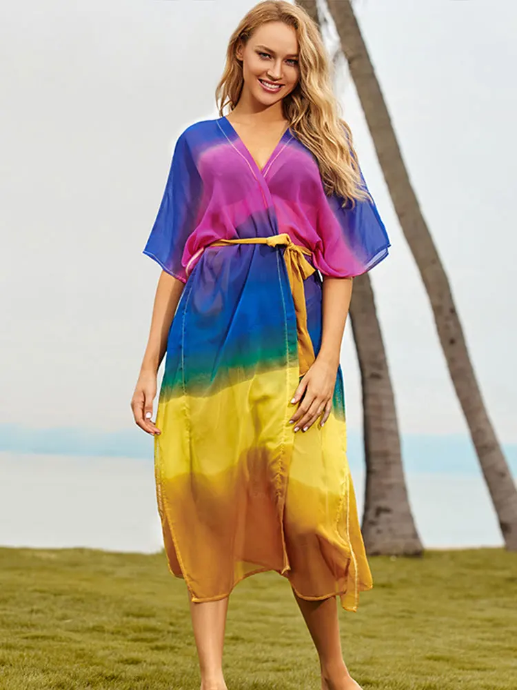 2024 Summer Bohemian Chiffon Colored Self Belted Kimono Dresses For Women Causal Long Beach Dress Beachwear Cardigan Q1180