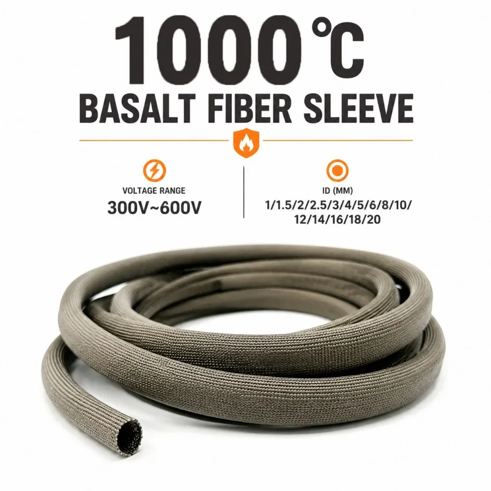 1000Deg.C Basalt Glass Fiber Sleeve ID 1mm~20mm High Temperature Resistant Insulation Tube Wire and Cable Protection Sleeve