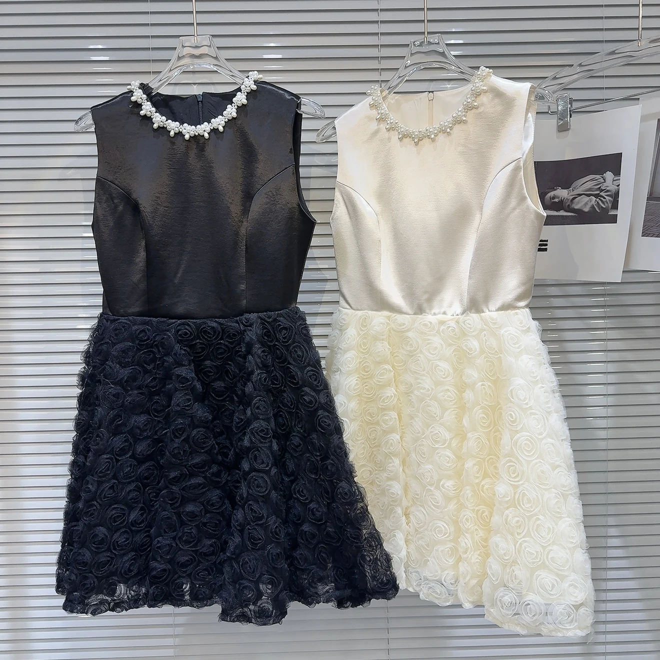 Été nouveauté doux Sle taille haute col de perles dentelle Patchwork Satin gilet Dr Midi jupe ronde Ne couleur