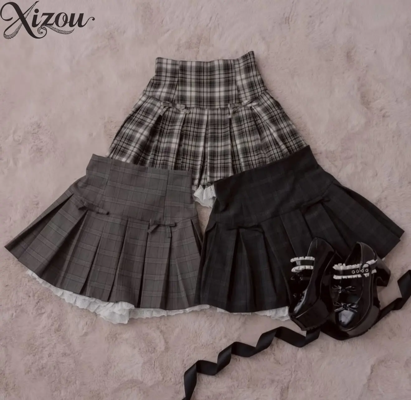 Women Dark Gray Plaid Bow High Waist Pleated Mini Skirt Lace Trim Hem Japanese Sweet Preppy Casual Short Skirts Slim Fit Summer