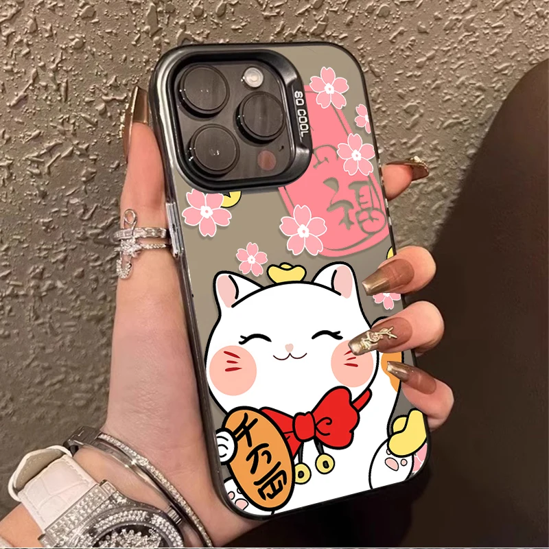 Cute Cartoon Money Cat IMD Case For iPhone 16 ProMax 15 14 13 12 11 Pro Max XS X XR 16 Plus Y2K Plating Hard Bumper Back Cover