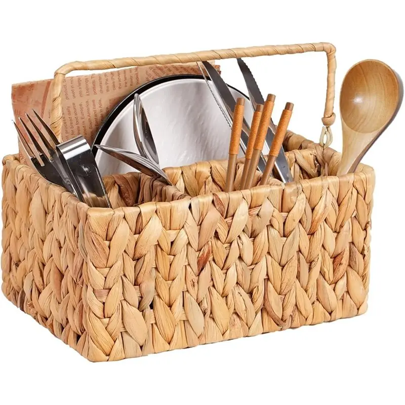 

A76X-держатель для столовых приборов из гиацинта с водой, плетеный органайзер для столовых приборов ручной работы для столешницы с ручкой, хранилище для кухонных принадлежностей