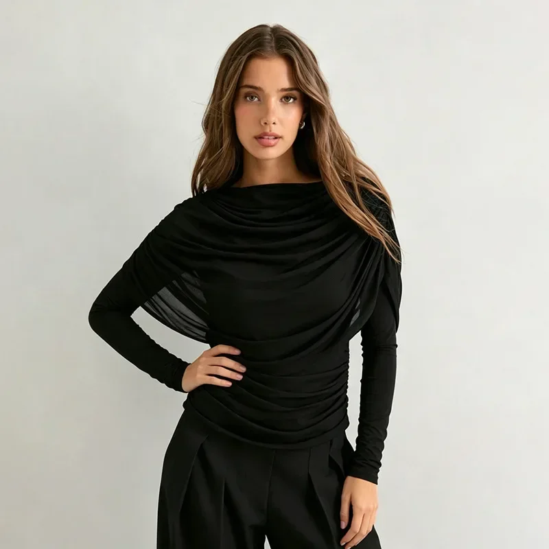 2026 Frühling Sommer Damen Langarm-T-Shirt mit drapiertem Kragen, plissiertem Schal, schmal geschnitten, Stretch-Oberteil, elegant, lässig, Alltagskleidung – Detail 6