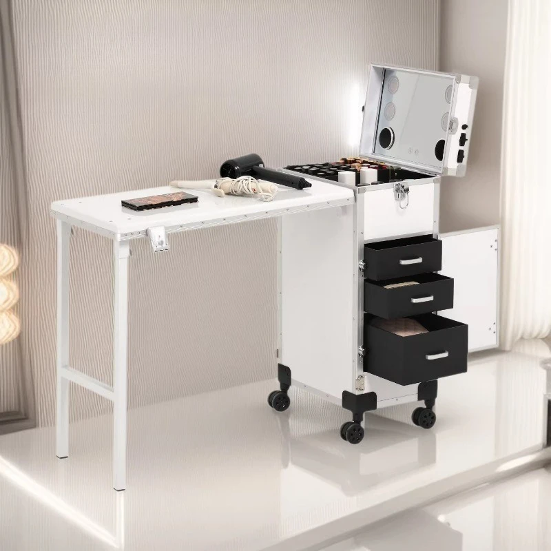 Nordic Premium Wheeled Lighted Makeup Case for Professional Makeup Artists Nail Tech Box Foldable Lightweight Table FYMB