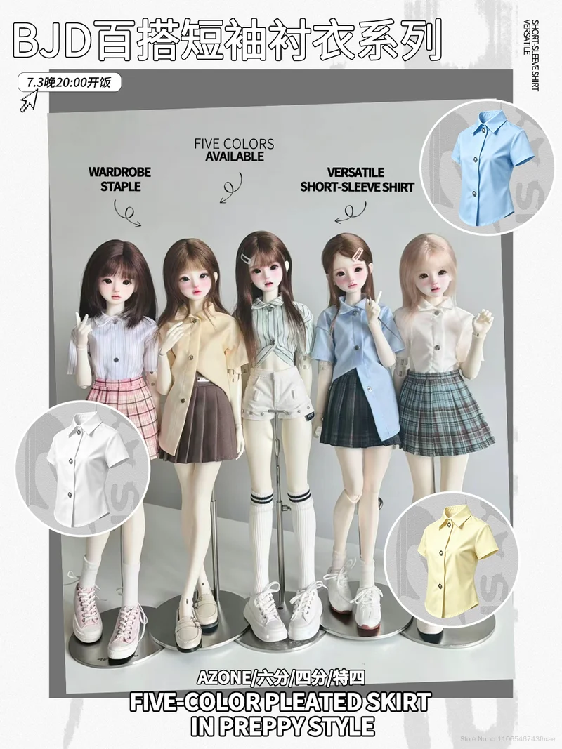 1/4 1/6 Azone Scale BJD Short Sleeve Shirt Preppy Style Lapel Button‑Up Doll Top Multi‑Color Outfit For Joint BJD Doll Accessori