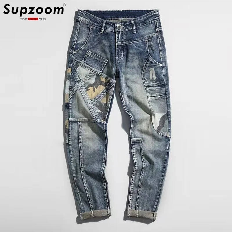 Supzoom New Arrival Hot Sale Top Fashion Autumn Zipper Fly Stonewashed Casual Patchwork Cargo Denim Pockets Cotton Jeans Men