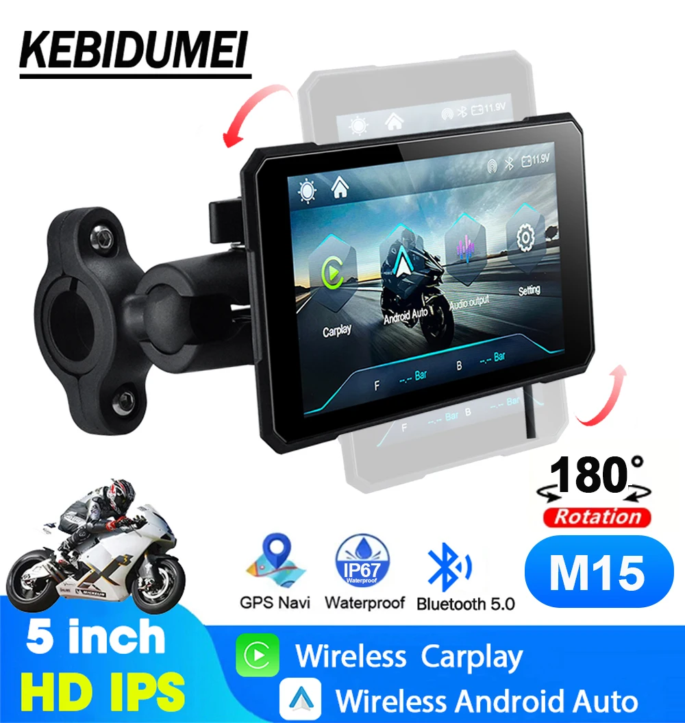 

KEBIDUMEI M15 5 inch Rotational Motorcycle GPS Navigation Monitor Wireless CarPlay Android Auto Display Screen HD Waterproof