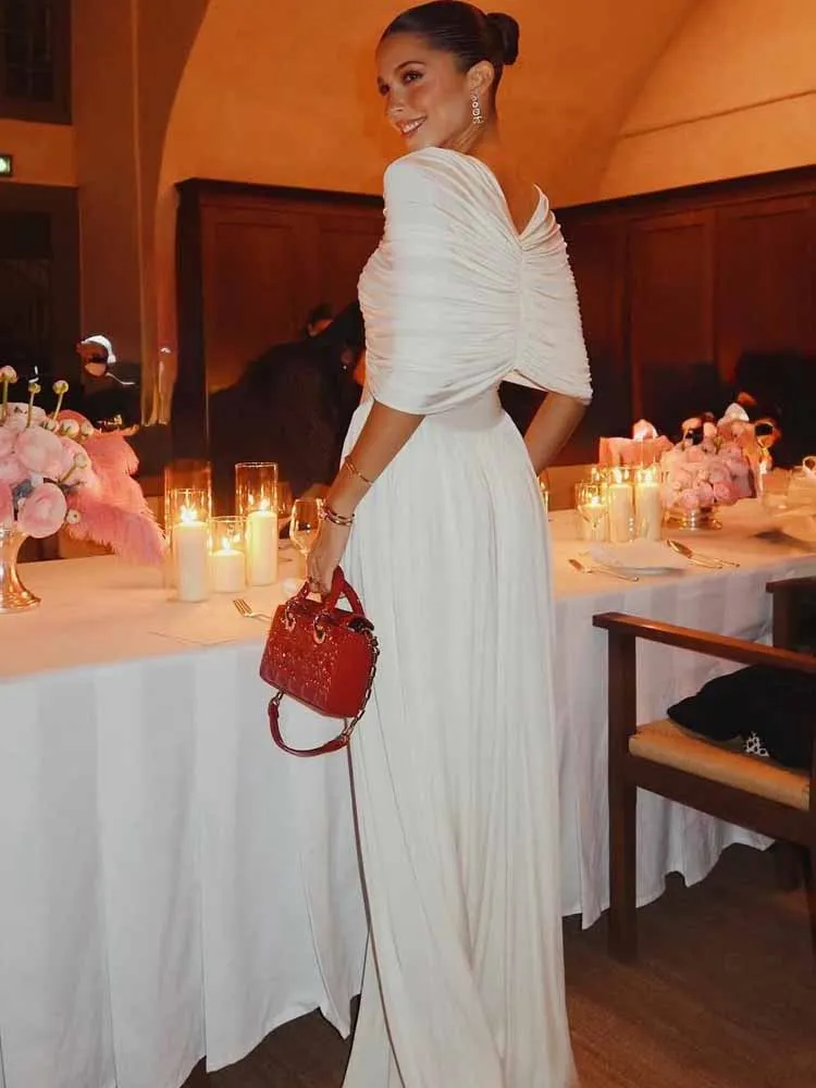 MCDV 플리츠 시크 숄 롱 드레스 여성 우아한 화이트 슬림 하이 웨이스트 A라인 탱크 드레스 2025 여름 휴가 여성 이브닝 로브