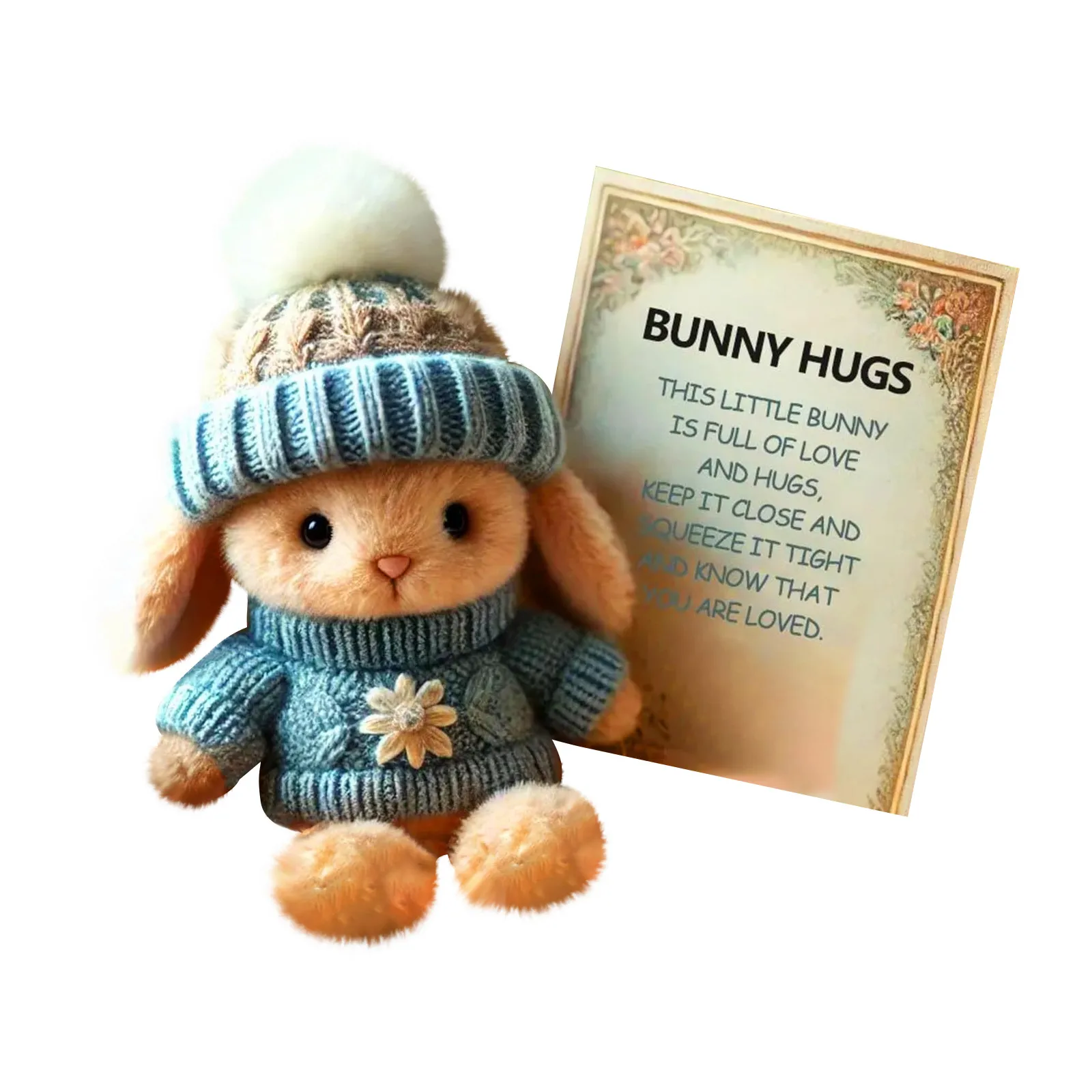 Mini Bunny Hug Cute Easter Gift Bunny Stuffed Animal Sets Plush Pocket Hug Rabbit with Knitted Hat and Pom Pom With Box Card
