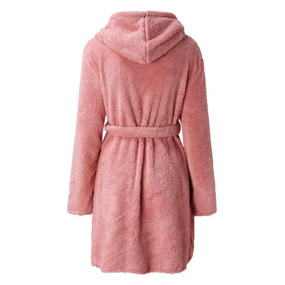 Women's Hooded Tie Design Nightwear Cozy Winter Nightgown Robe with Pockets Tie Waist Plush Flannel Pajamas for Home