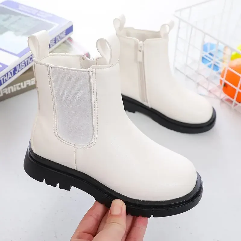 Children Chelsea Boots for Boys Girls Fashion Classic Zipper Ankle High Kids Short Boots Black Brown Beige Autumn Winter Warm