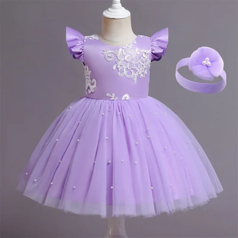 Baby Girl Dress for Wedding Evening Formal Gown Lace Big Bow Beading Tulle Dress Infant Girls 1st Birthday Baptism Party Dresses