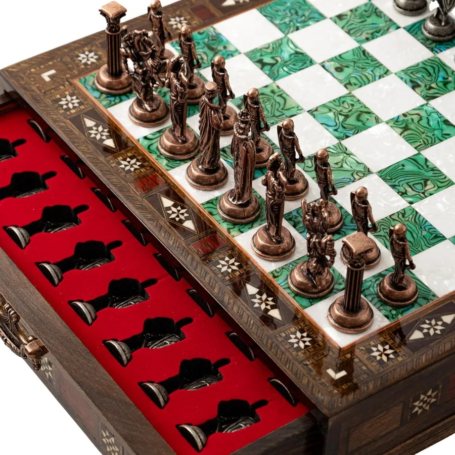 

15'' Wooden Chess Set with Metal Chess Pieces Handmade Storage Chess Board British Metal Pieces Elegant Chess Gift for All Ages