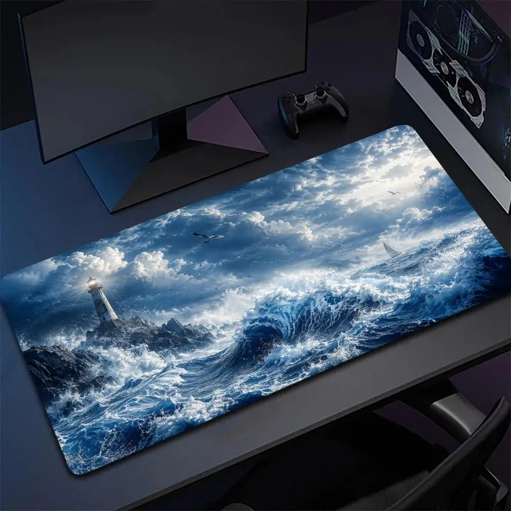 Wild Storm Sea Waves Cliff Lighthouse Seagull Nautical View Big Anti-Slip Extended Gaming Mouse Pad Desk Keyboard Mat