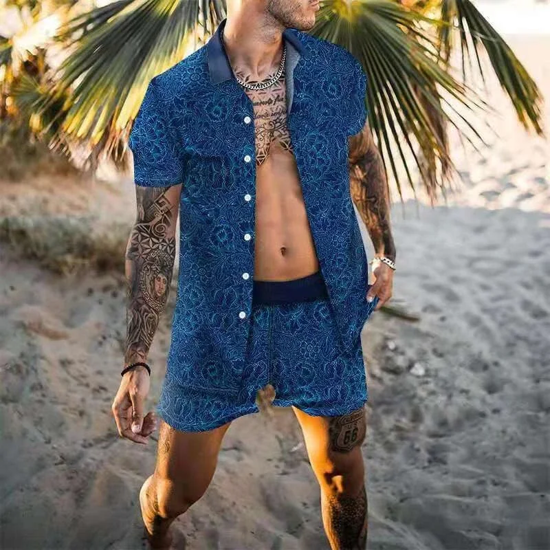 Summer Men\'s Printed Casual Short-sleeved Shorts Suit Hawaiian Holiday Beach Fashion Lapel Button Loose Sportswear Suit