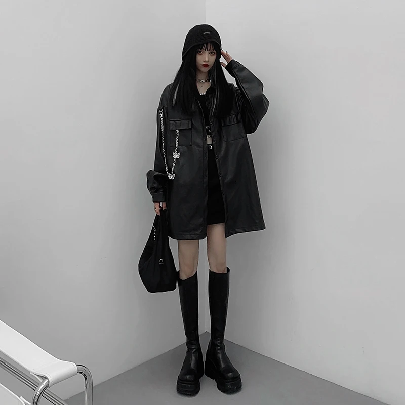 Japonês casual feminino solto jaqueta de couro moto outerwear coreano high street coat chic streetwear manga longa preto de couro topos