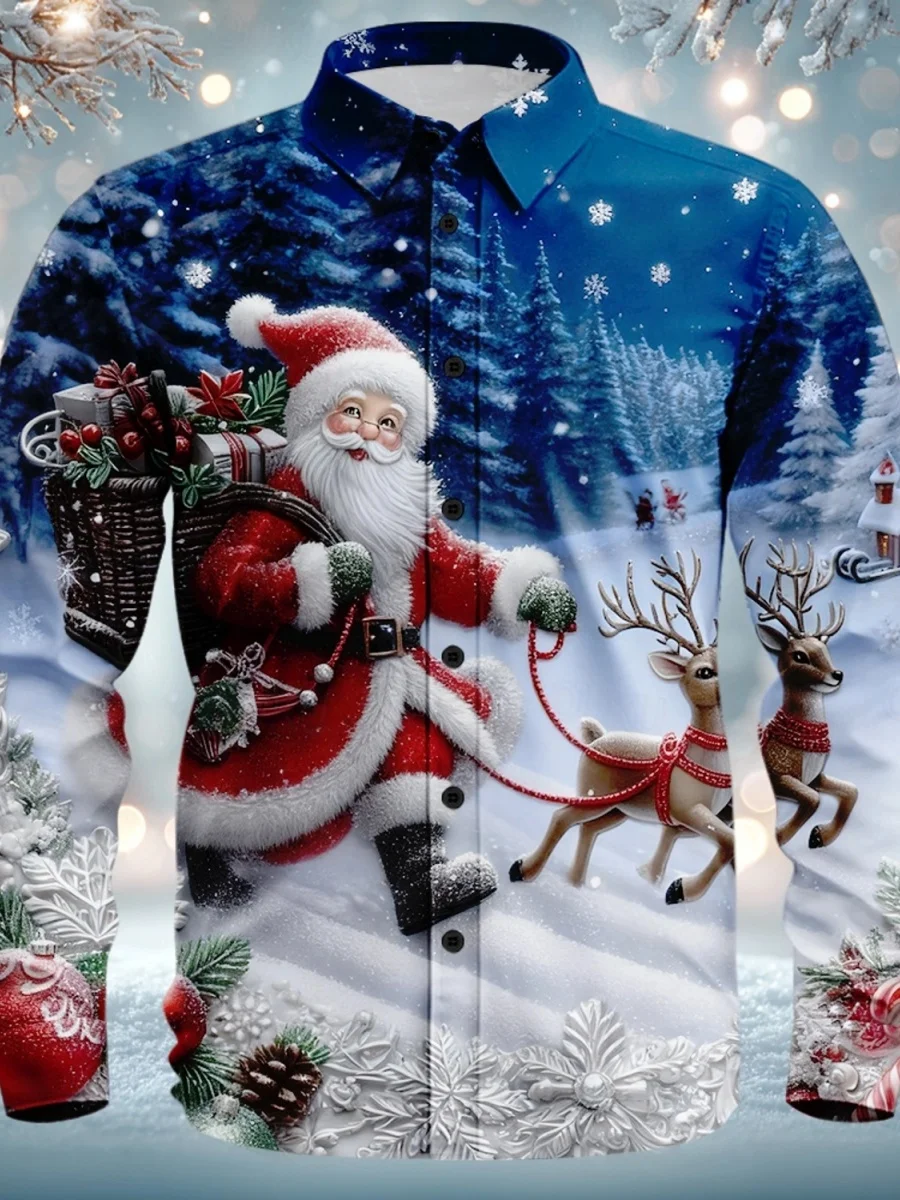 

New Christmas-themed 3D pattern and snowman pattern men's shirt, with button design, long-sleeved style, fast shipping