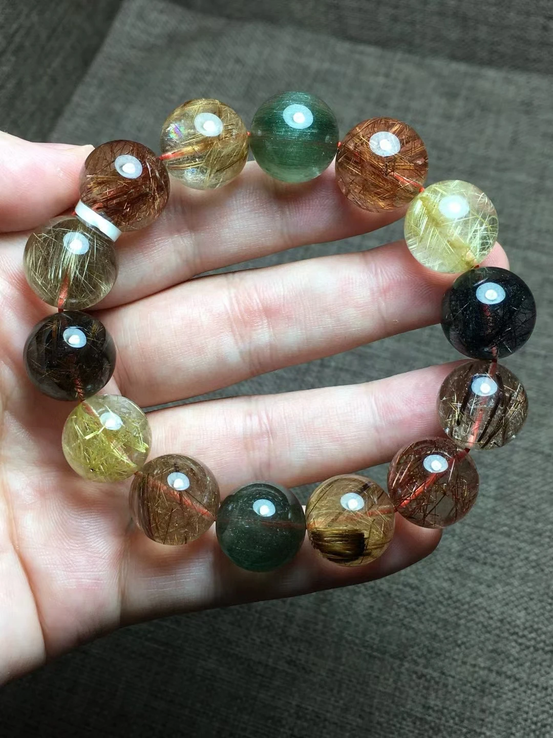 Natural Colorful Copper Rutilated Quartz Bracelet 15mm Gold Green Rutilated Clear Round Women Bracelet AAAAAA