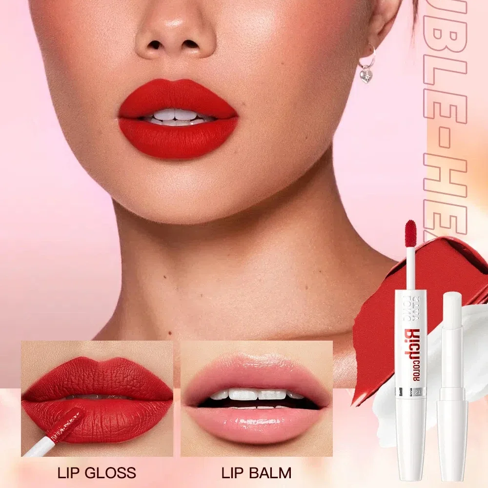 QIBEST Double Head Matte Liquid ลิปสติก 8 สีกันน้ํา Long-Lasting Makeup Lip Balm ลดริ้วรอย Lip GLOSS เครื่องสําอาง