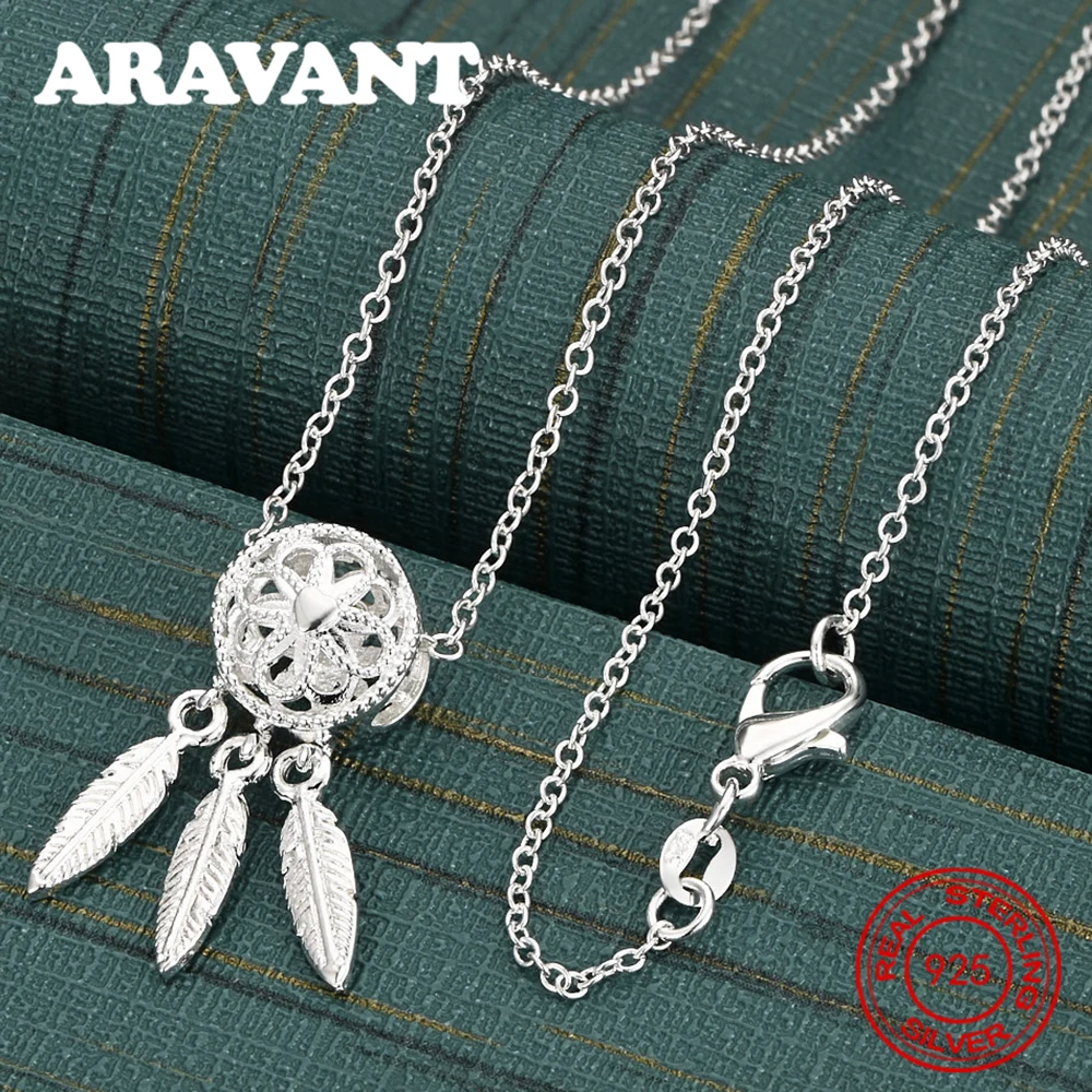 925 Sterling Silver Dreamcatcher Three-Leaf Pendant Necklace For Women, Commuter Accessory, Christmas Gift Jewelry