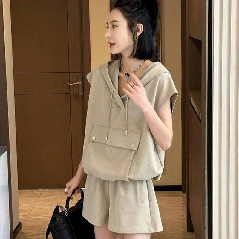 Solid Oversized Ladies Fashion Pullovers Two Piece Set Summer Loose Sleeveless Tops New Elastic Waist Straight Wide Leg Pants